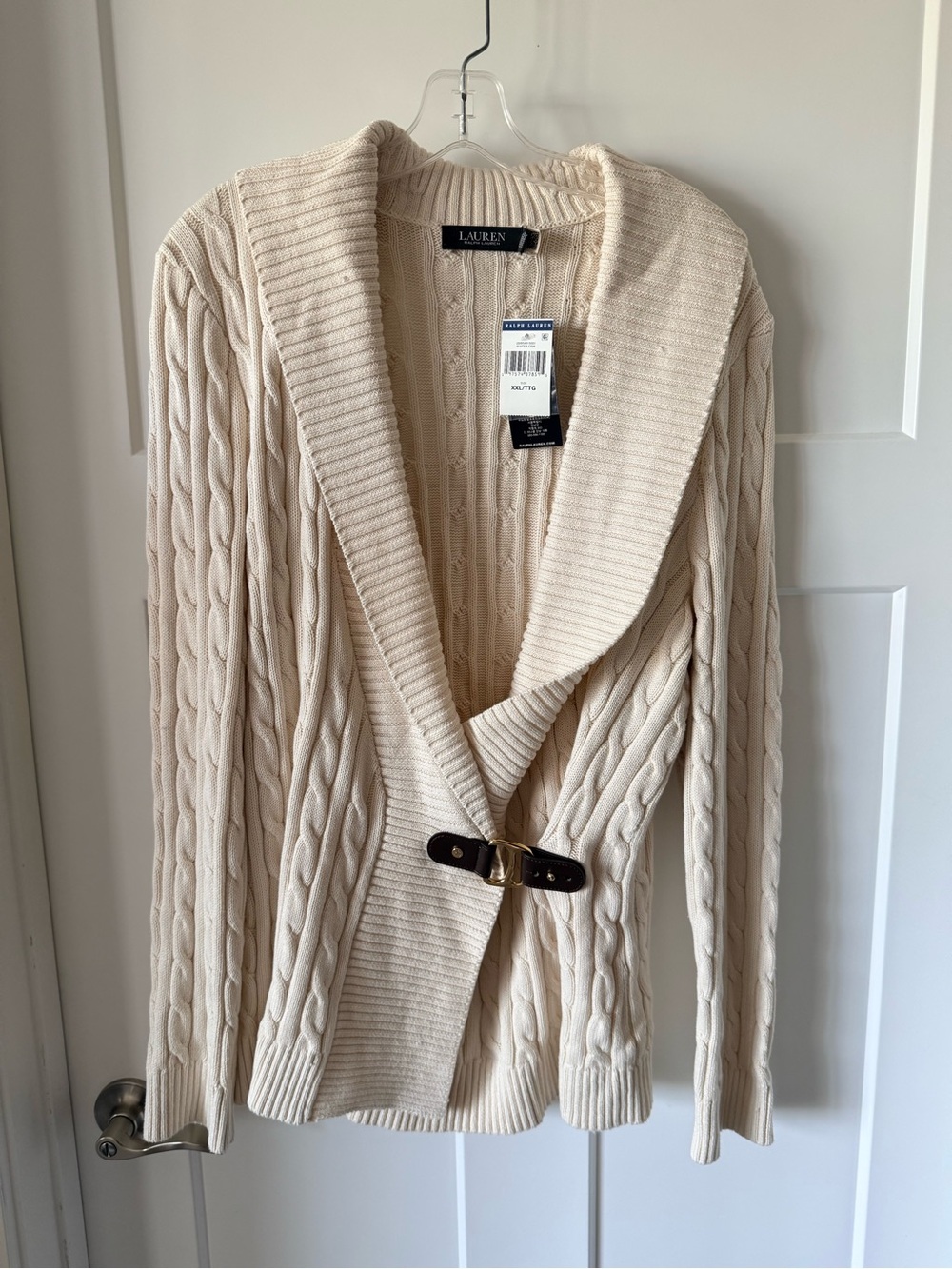 Ralph Lauren Cream Cable-Knit Shawl Collar Cardigan with Buckle NWT Size XXL